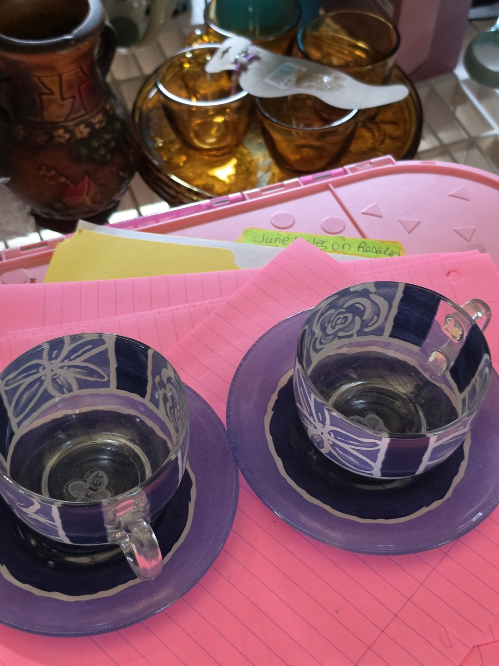 AT-1 Vintage Hand-Painte Glass Teacup and Saucer Set Blue
